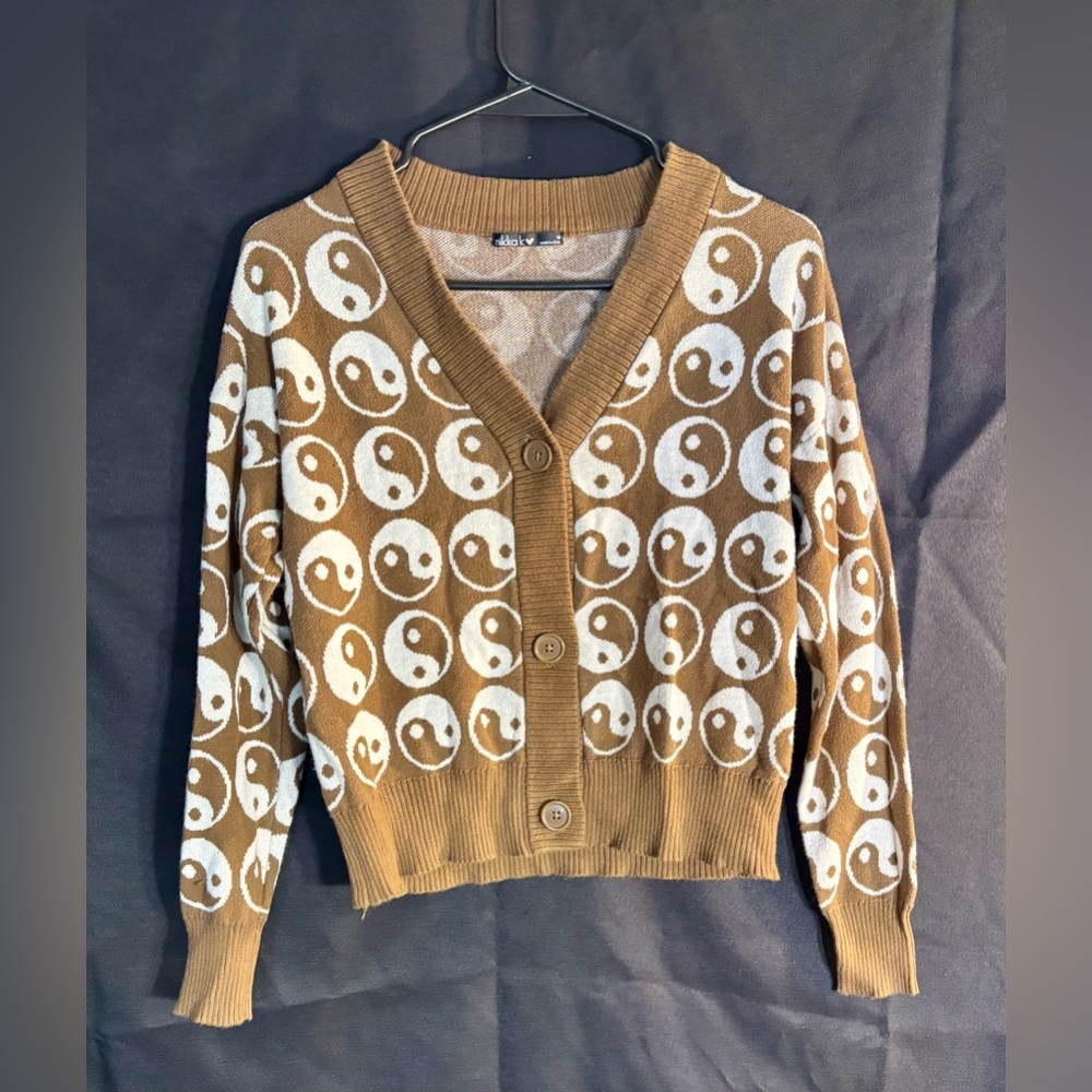 Whimsical Brown and White Yin Yang Symbol Cardigan